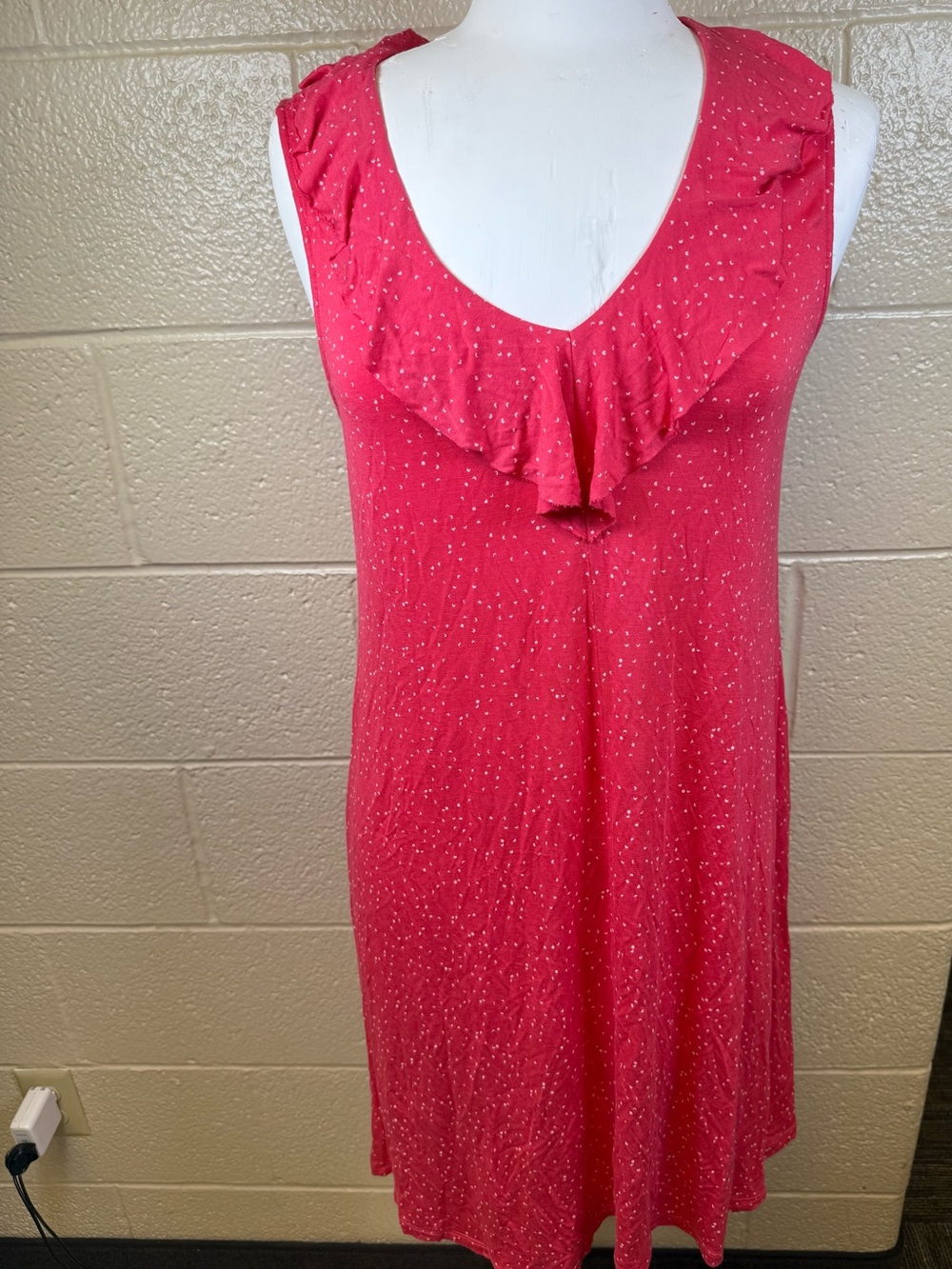 Ellen Tracy Red Ruffle Top Midi Dress with White Speckles